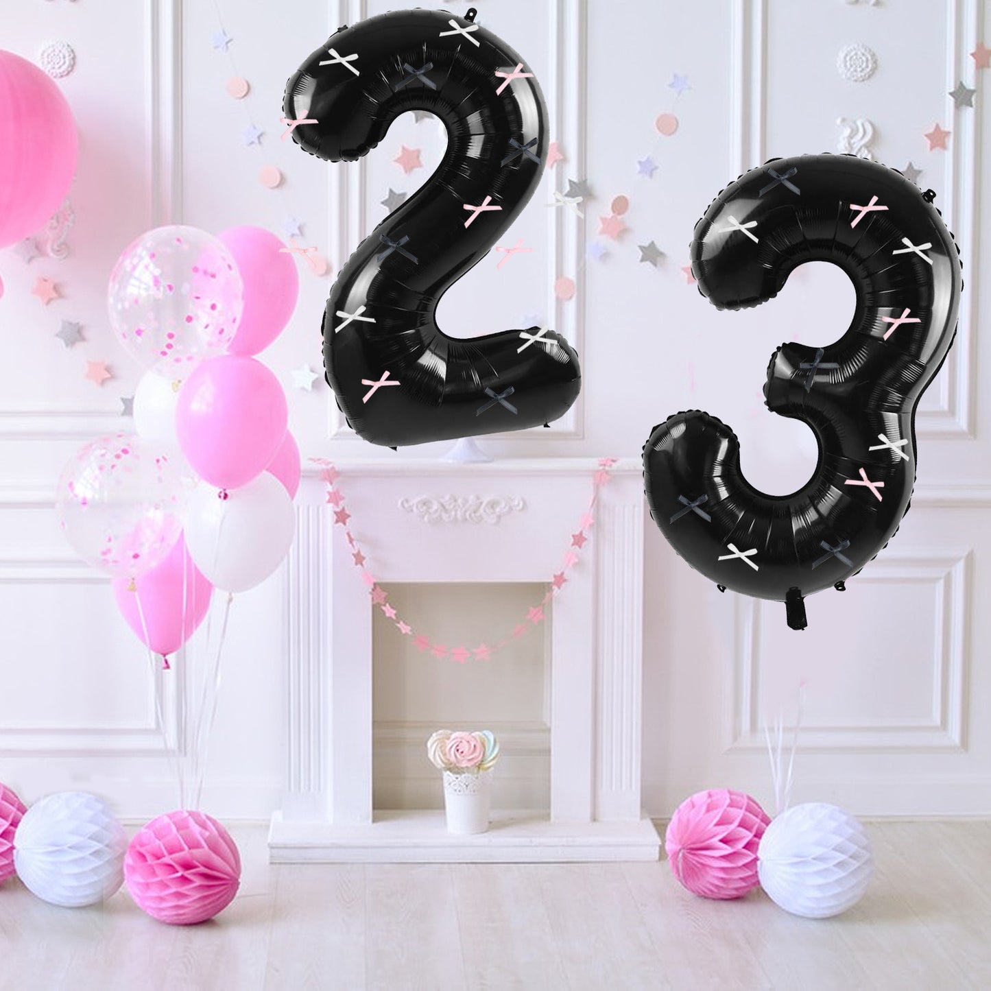 40 Inch Black Number Balloons With  Ribbon Bow 1 Roll Glue Point