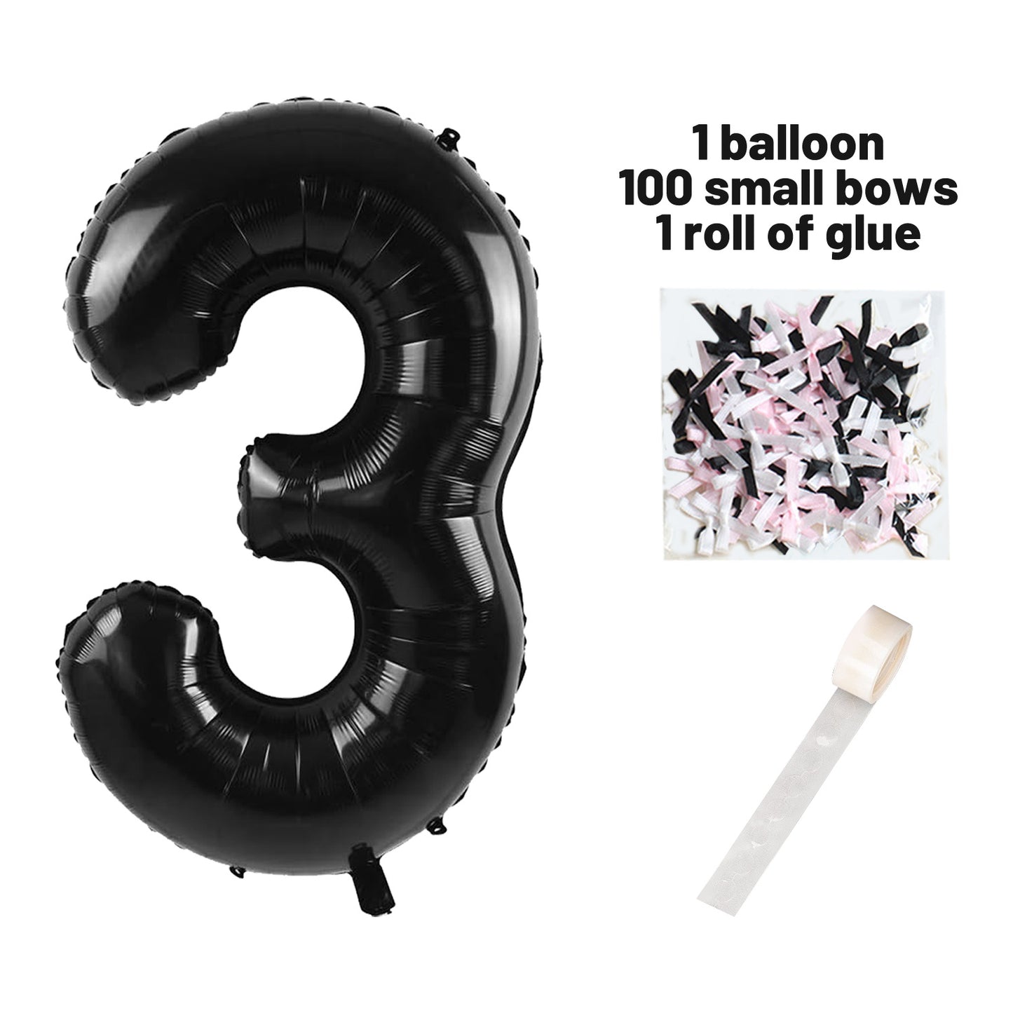 40 Inch Black Number Balloons With  Ribbon Bow 1 Roll Glue Point