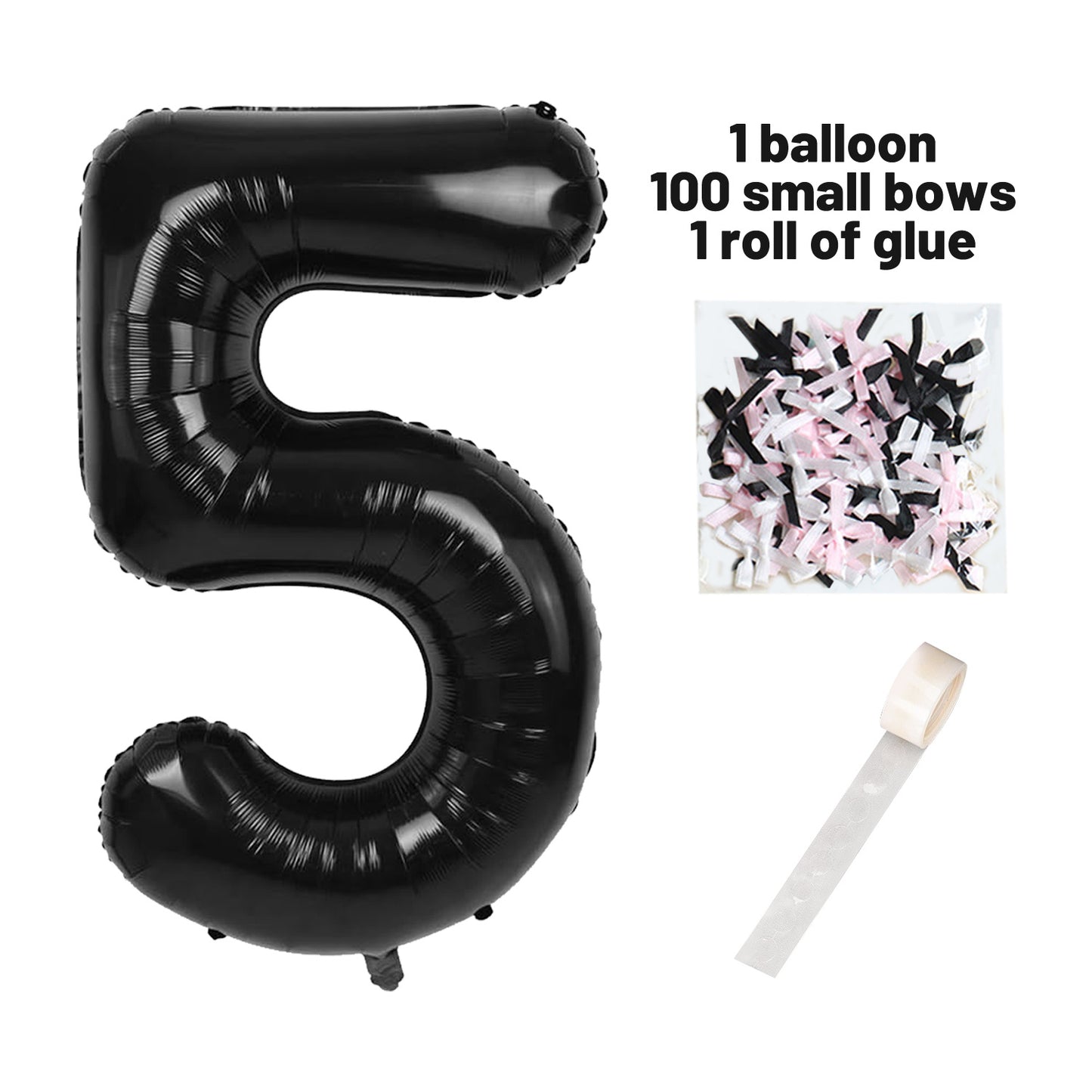 40 Inch Black Number Balloons With  Ribbon Bow 1 Roll Glue Point