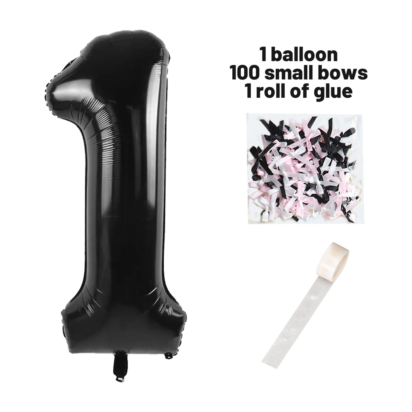 40 Inch Black Number Balloons With  Ribbon Bow 1 Roll Glue Point