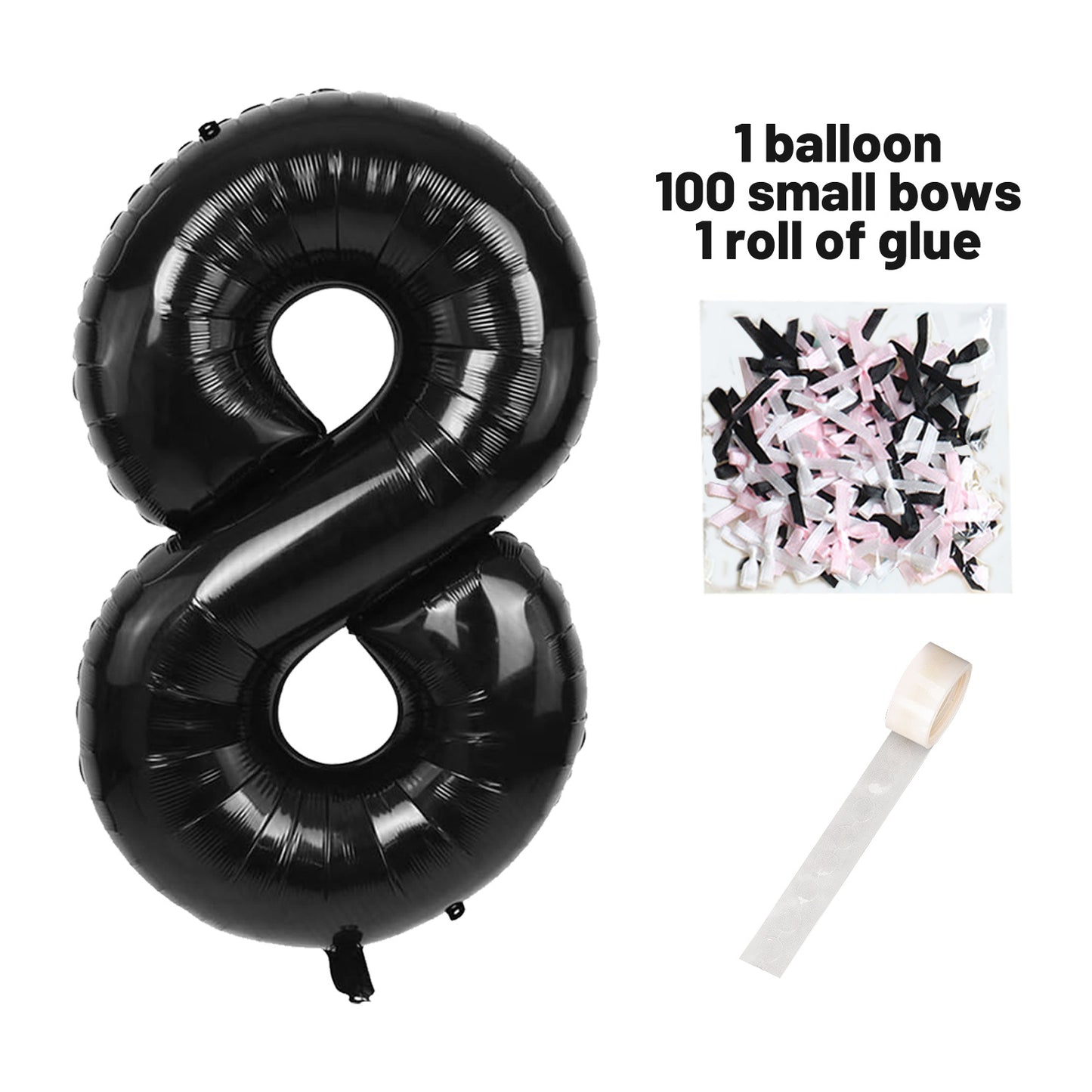 40 Inch Black Number Balloons With  Ribbon Bow 1 Roll Glue Point