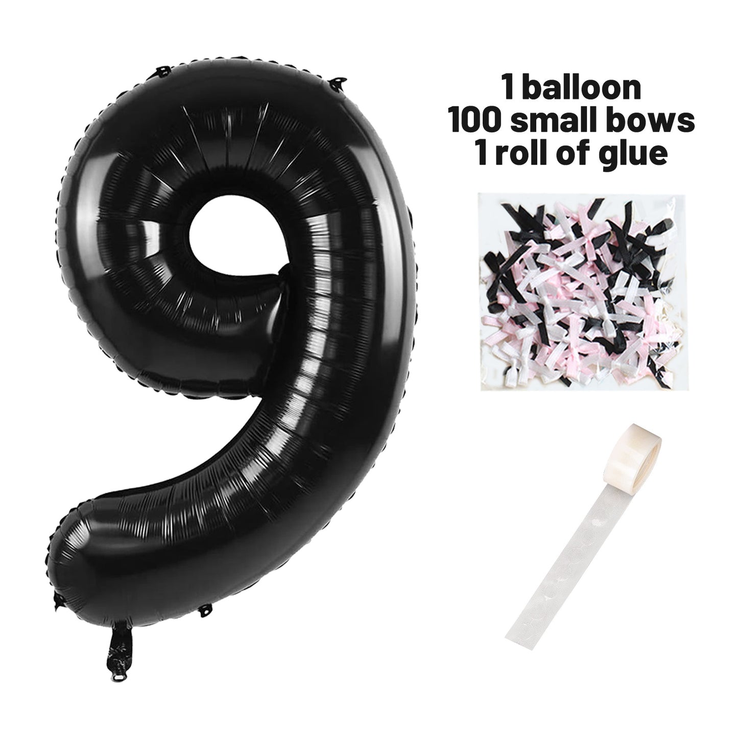 40 Inch Black Number Balloons With  Ribbon Bow 1 Roll Glue Point