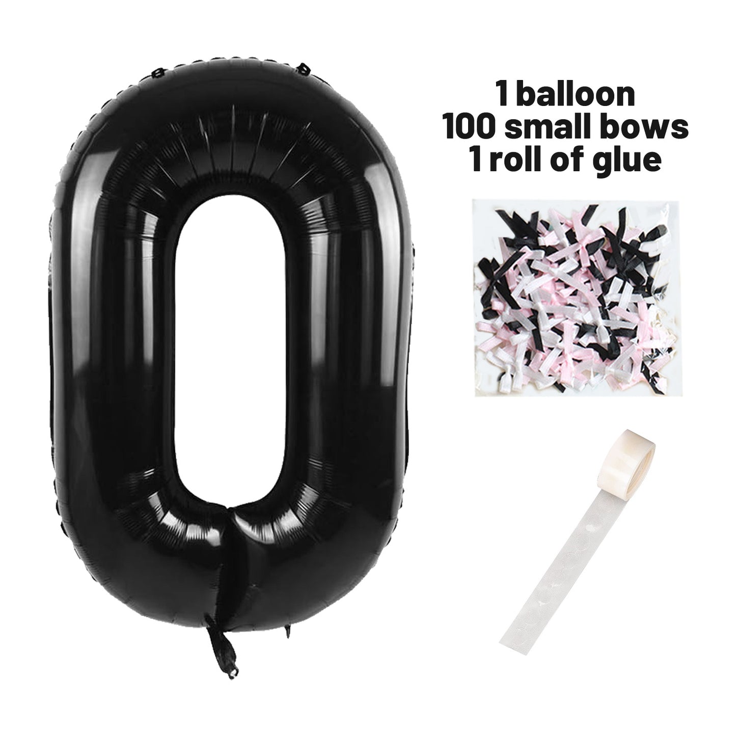 40 Inch Black Number Balloons With  Ribbon Bow 1 Roll Glue Point