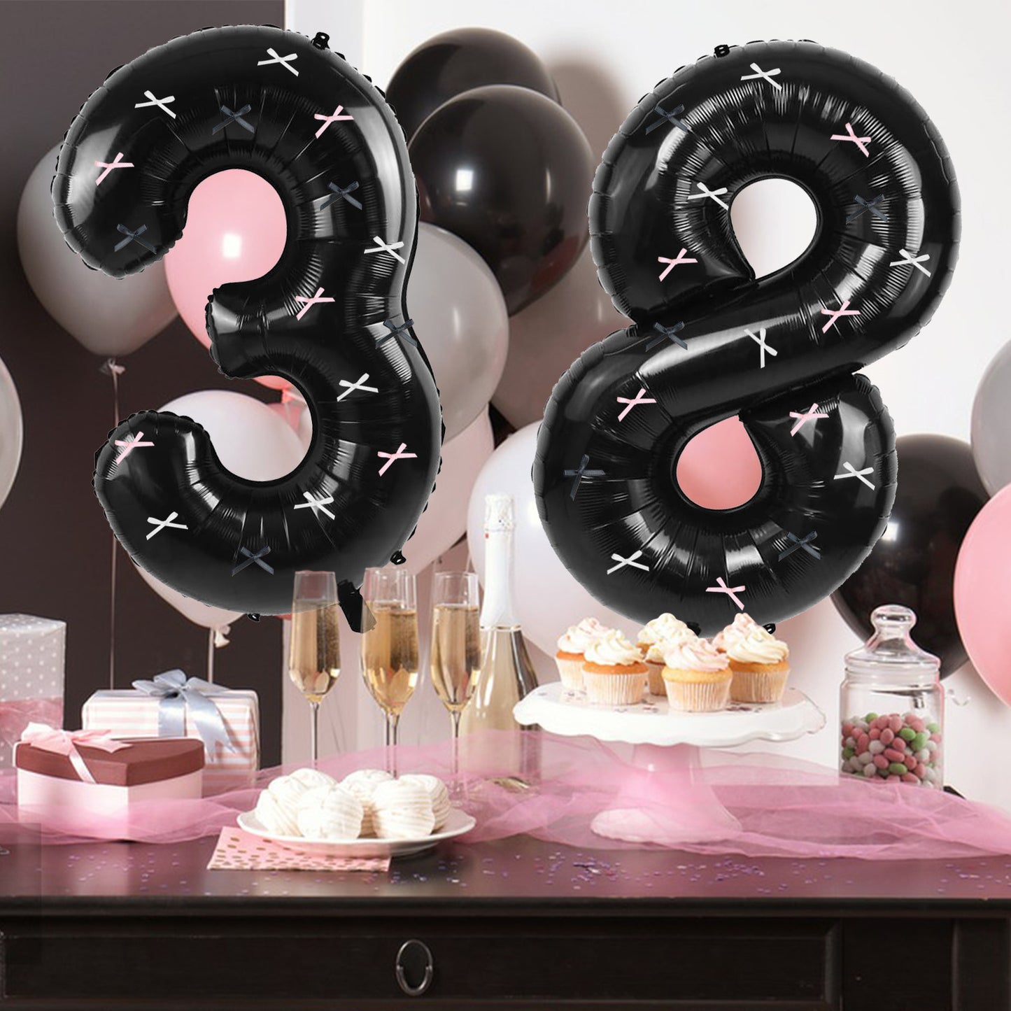 40 Inch Black Number Balloons With  Ribbon Bow 1 Roll Glue Point